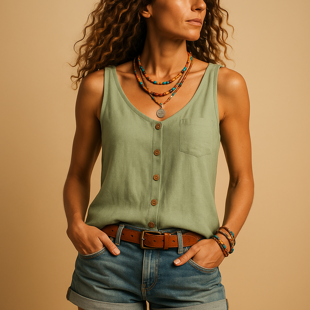 Button-Front Tank Top with Scoop Neck