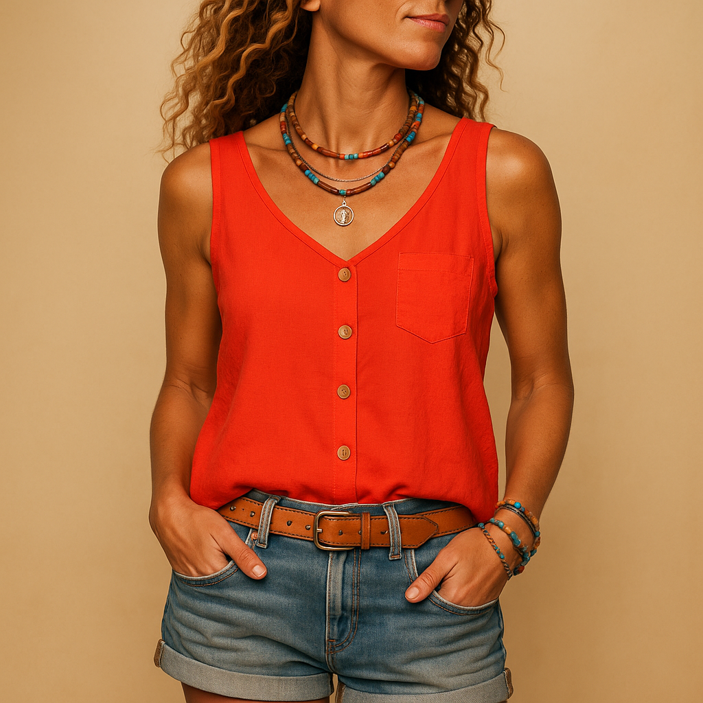 Button-Front Tank Top with Scoop Neck