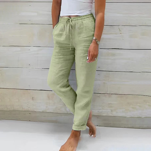 Women's Straight Leg Linen Trousers with Drawstring