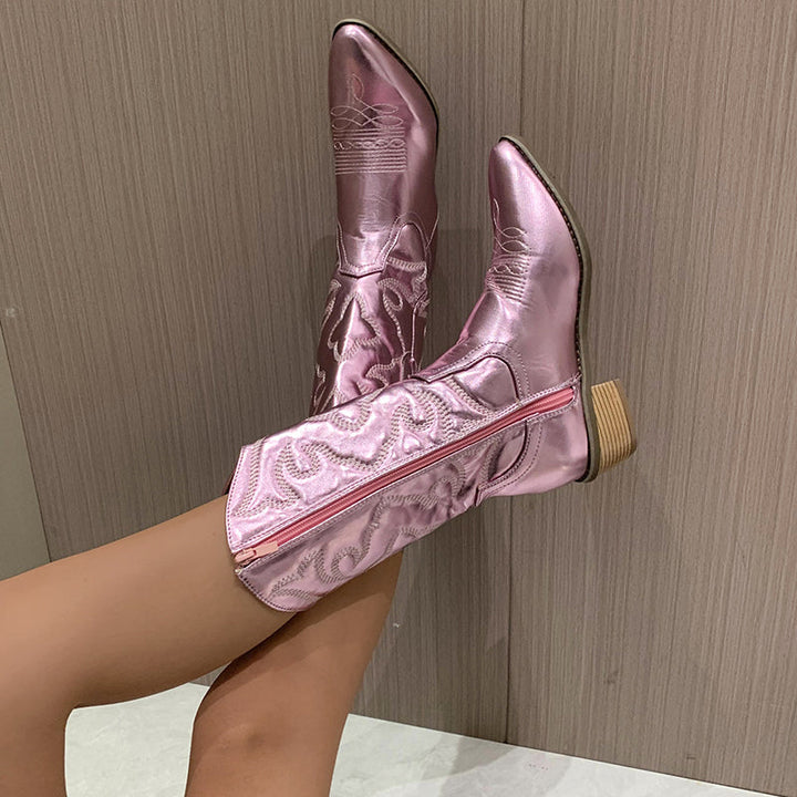 Embroidered Western Boots with Side Zip and Pointed Toe