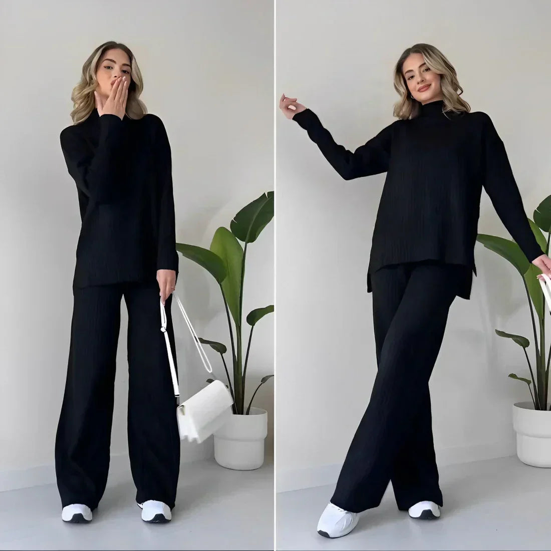 Women's Ribbed High-Neck Jumper and Wide-Leg Trousers Set