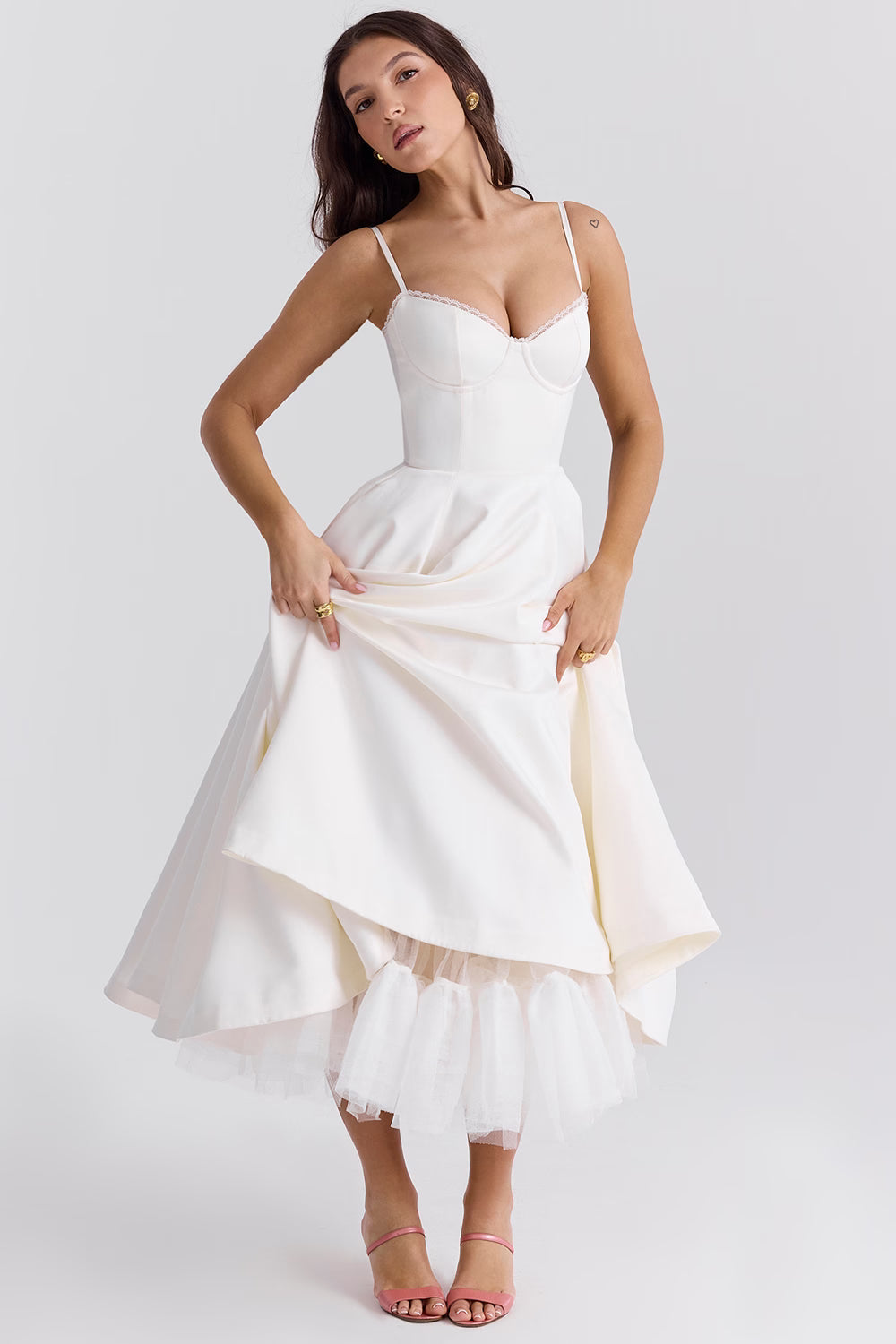 Corset Midi Dress with Sweetheart Neckline and Full Skirt