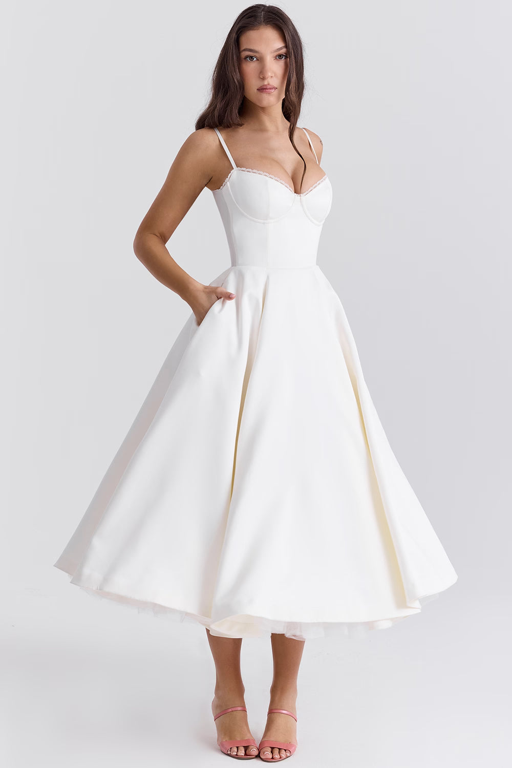 Corset Midi Dress with Sweetheart Neckline and Full Skirt