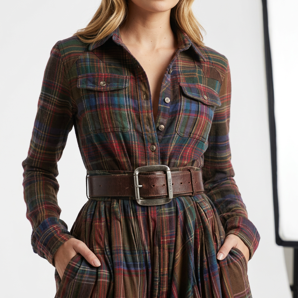 Robe-chemise longue à carreaux tartan pour femme, manches longues