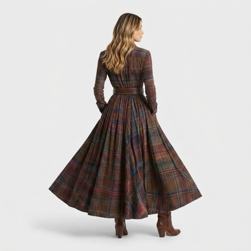 Robe-chemise longue à carreaux tartan pour femme, manches longues