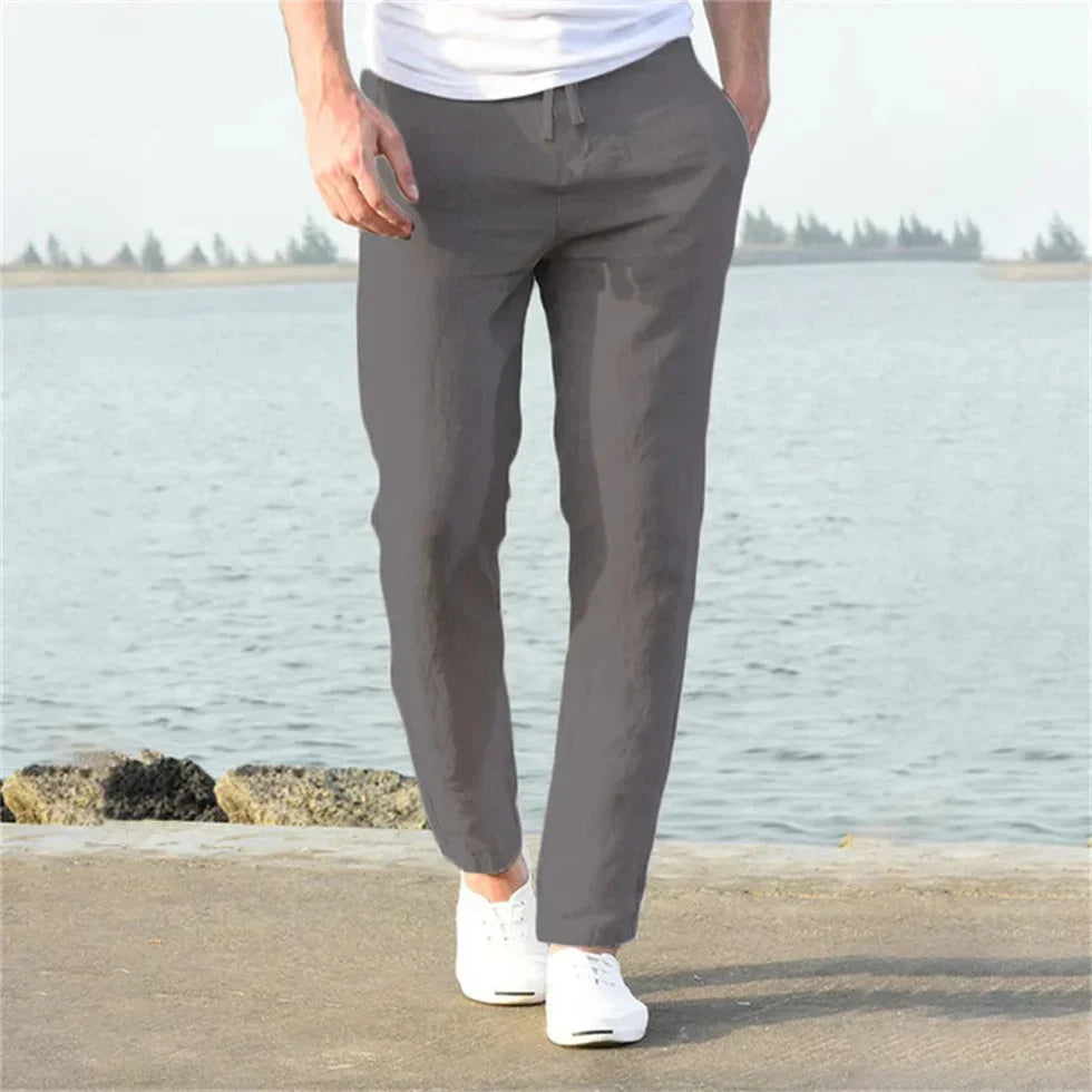 Men's Straight Leg Linen Trousers with Elastic Waist
