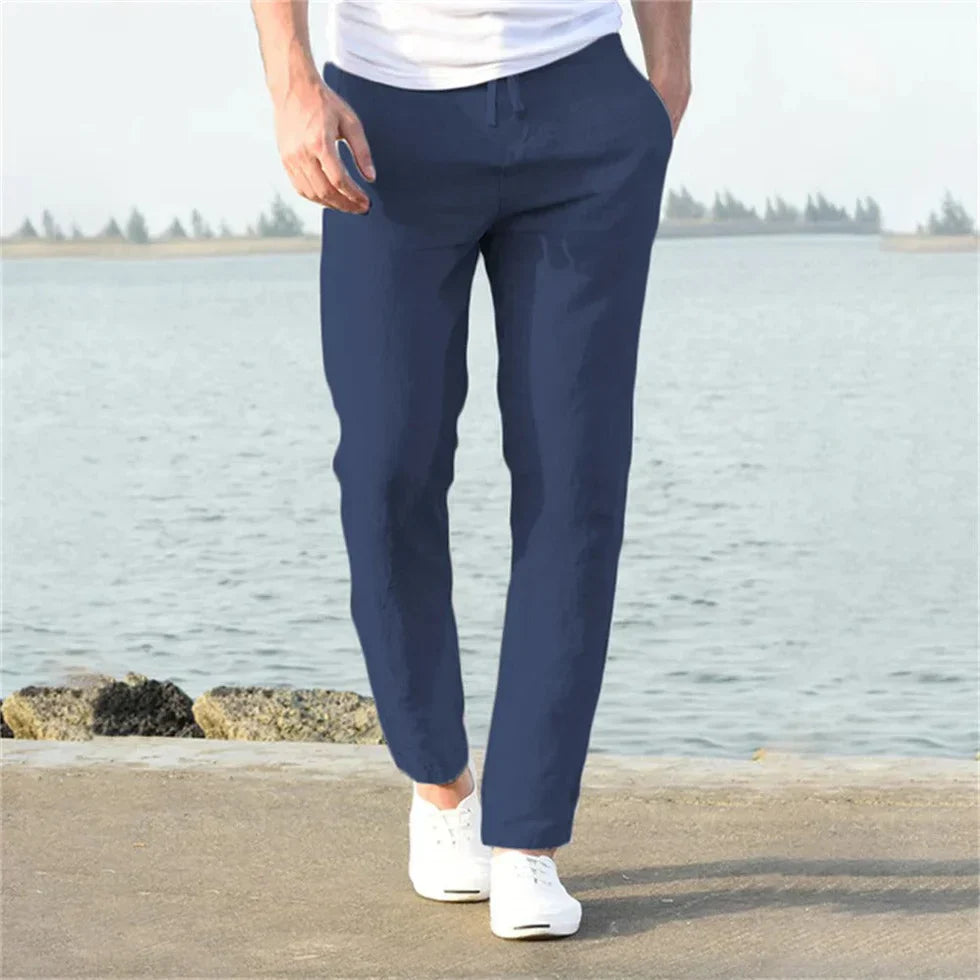 Men's Straight Leg Linen Trousers with Elastic Waist