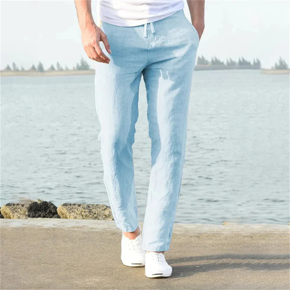 Men's Straight Leg Linen Trousers with Elastic Waist