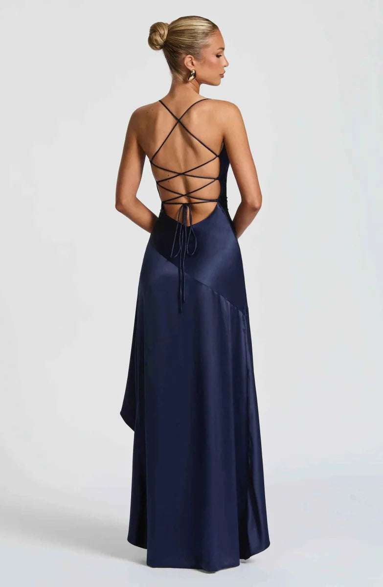 Satin Maxi Dress with Cowl Neck and Ruffle Hem