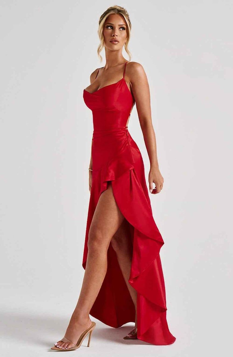 Satin Maxi Dress with Cowl Neck and Ruffle Hem