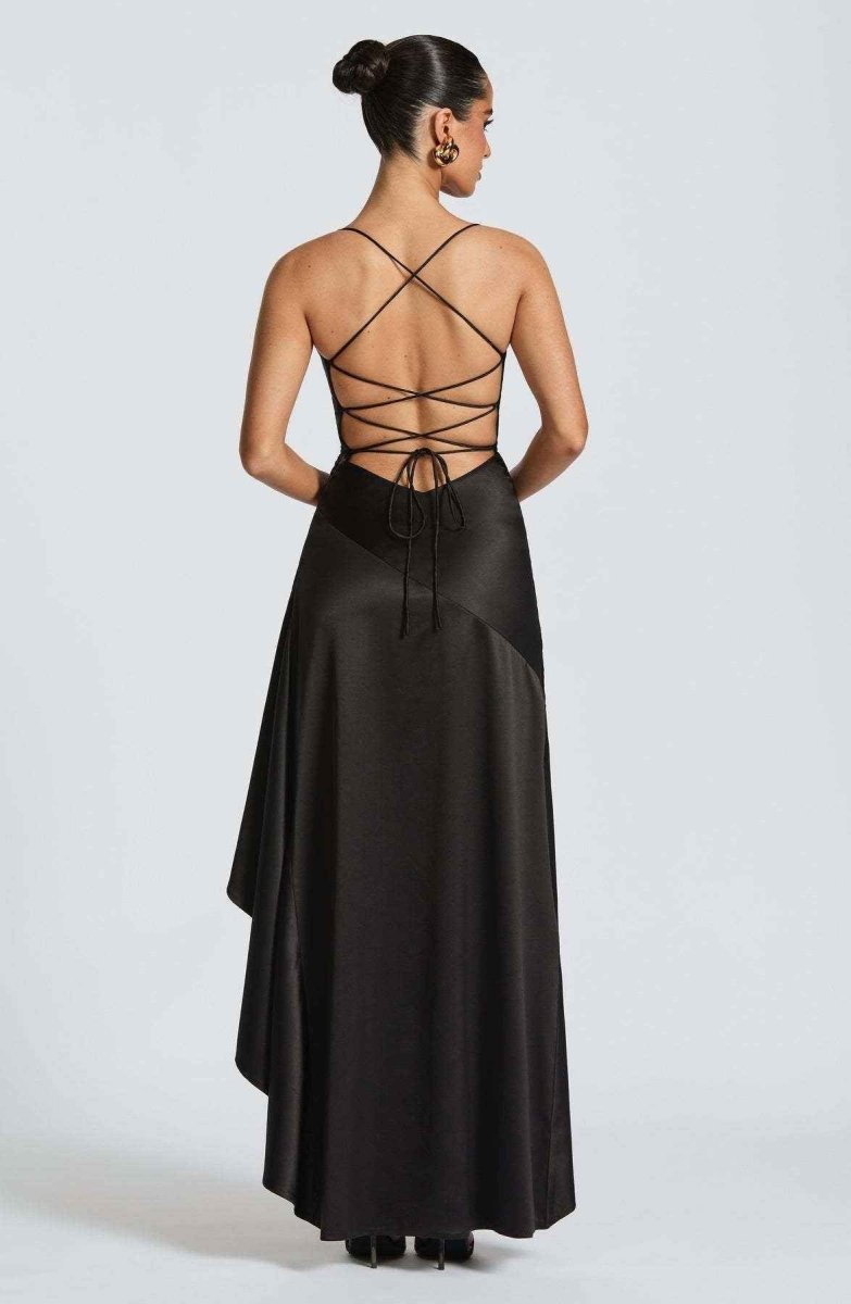 Satin Maxi Dress with Cowl Neck and Ruffle Hem