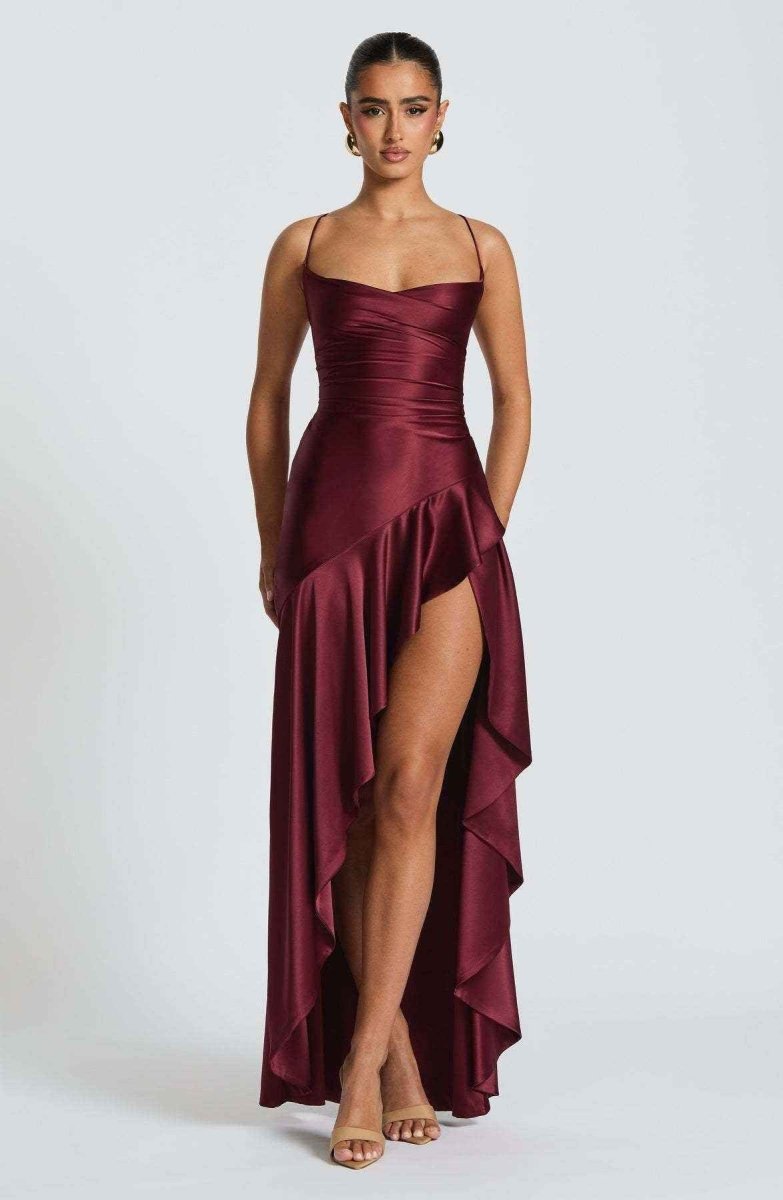 Satin Maxi Dress with Cowl Neck and Ruffle Hem