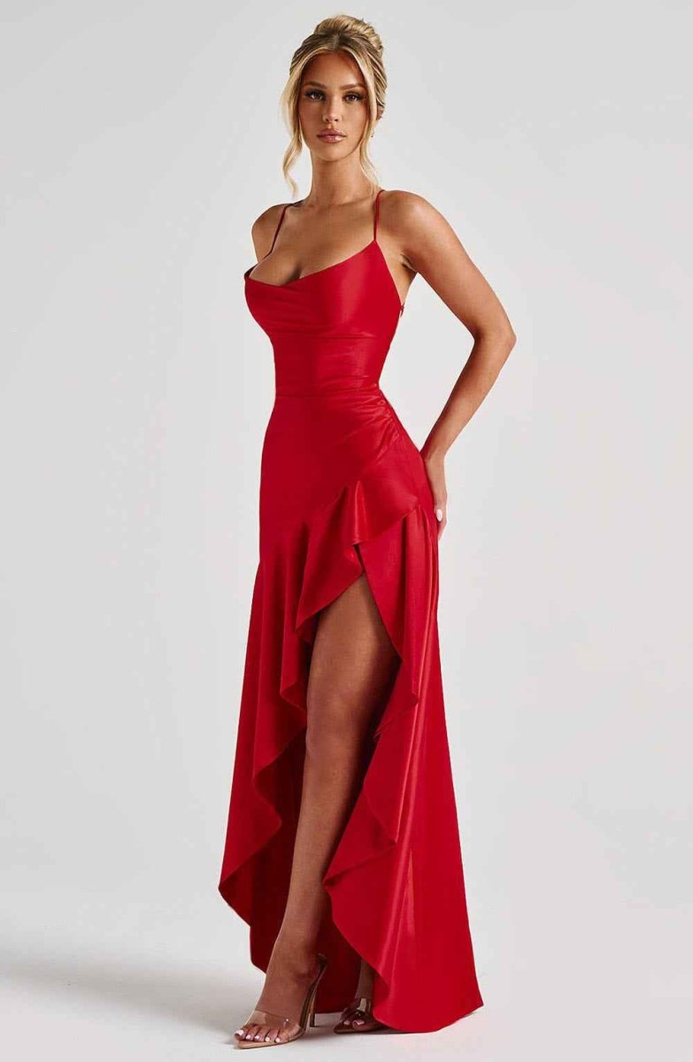 Satin Maxi Dress with Cowl Neck and Ruffle Hem