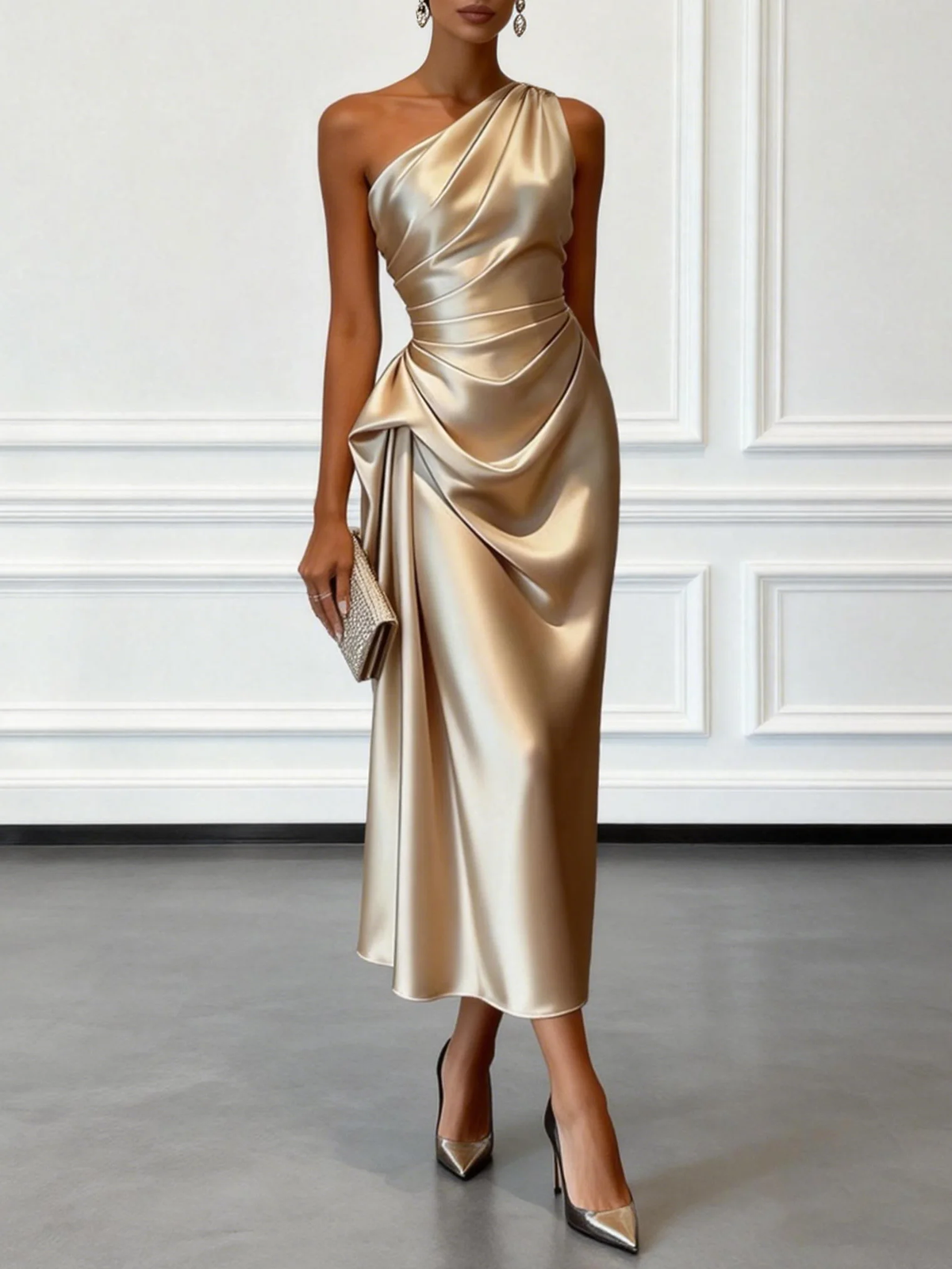 Women's One Shoulder Satin Midi Dress | Draped Party Dress
