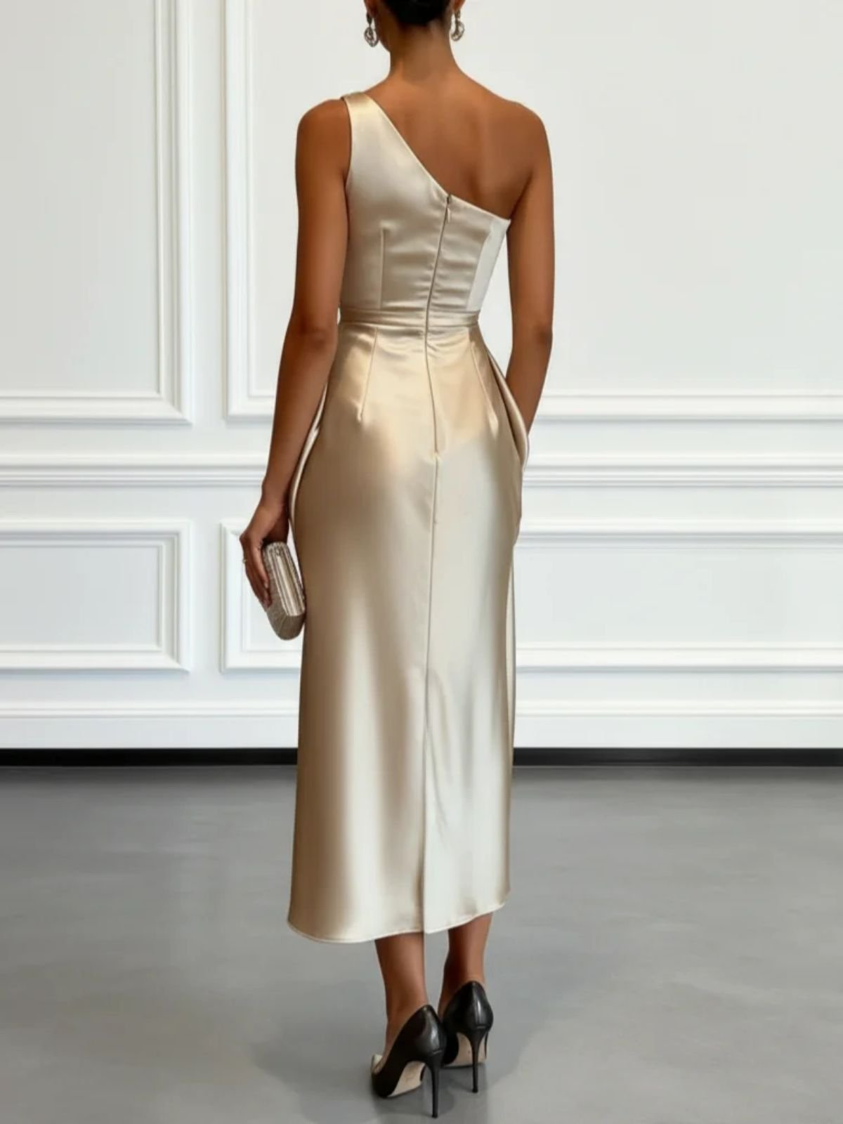 Women's One Shoulder Satin Midi Dress | Draped Party Dress