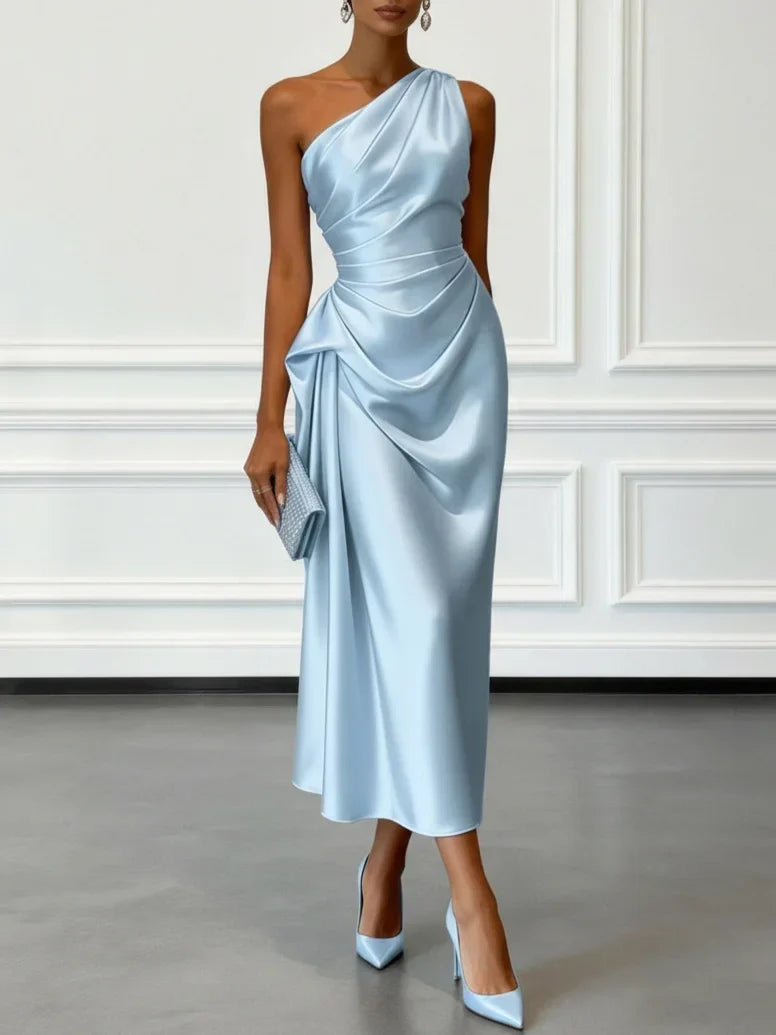 Women's One Shoulder Satin Midi Dress | Draped Party Dress