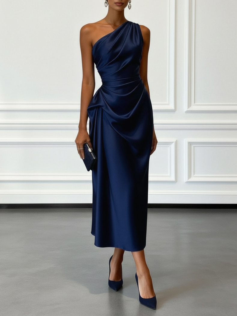 Women's One Shoulder Satin Midi Dress | Draped Party Dress