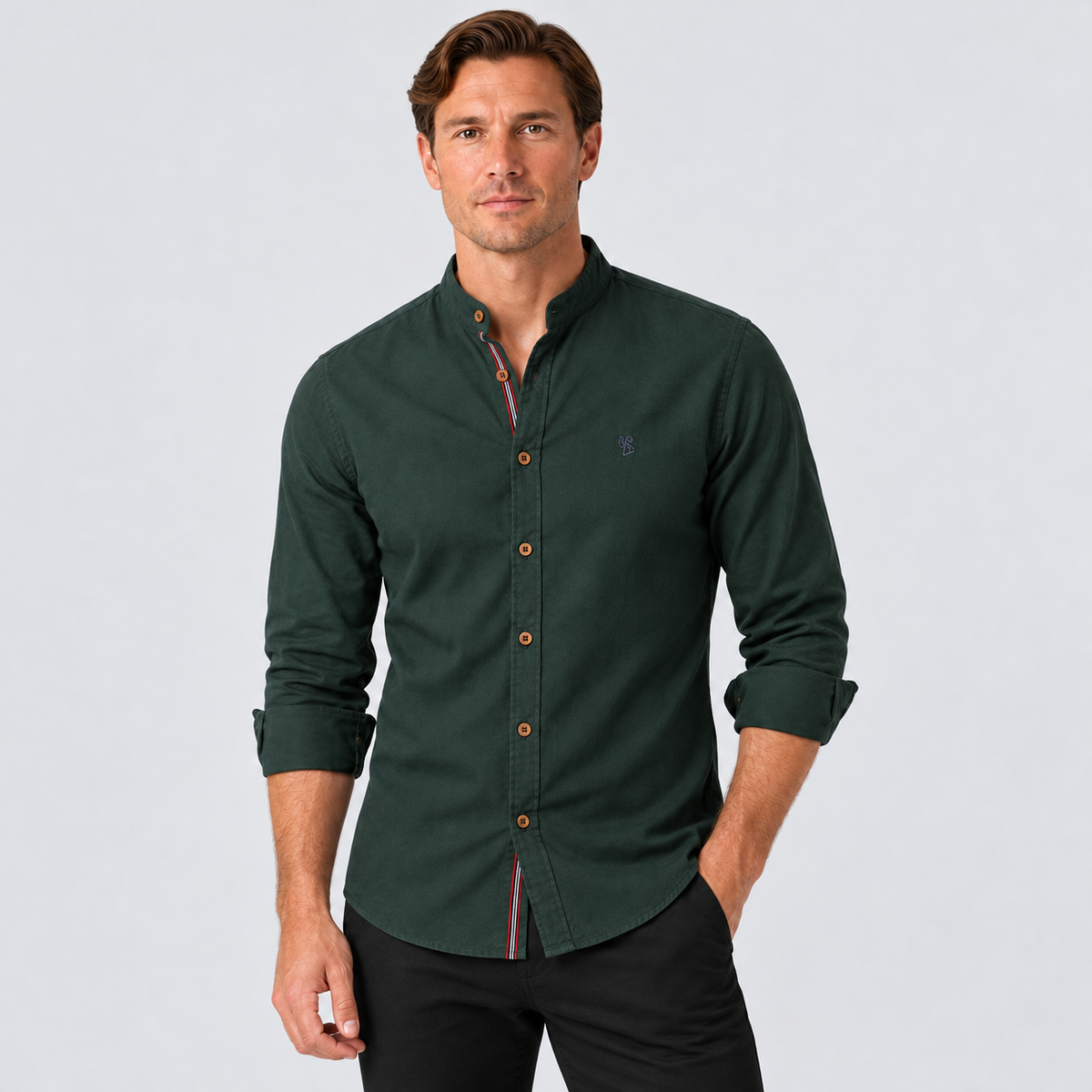 Men's Collarless Long Sleeve Shirt | Stand Collar Button-Up
