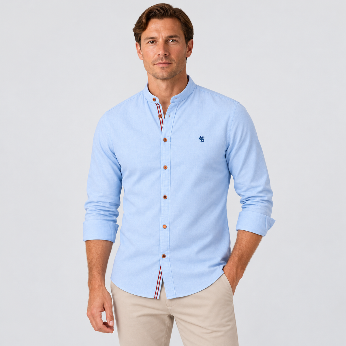 Men's Collarless Long Sleeve Shirt | Stand Collar Button-Up