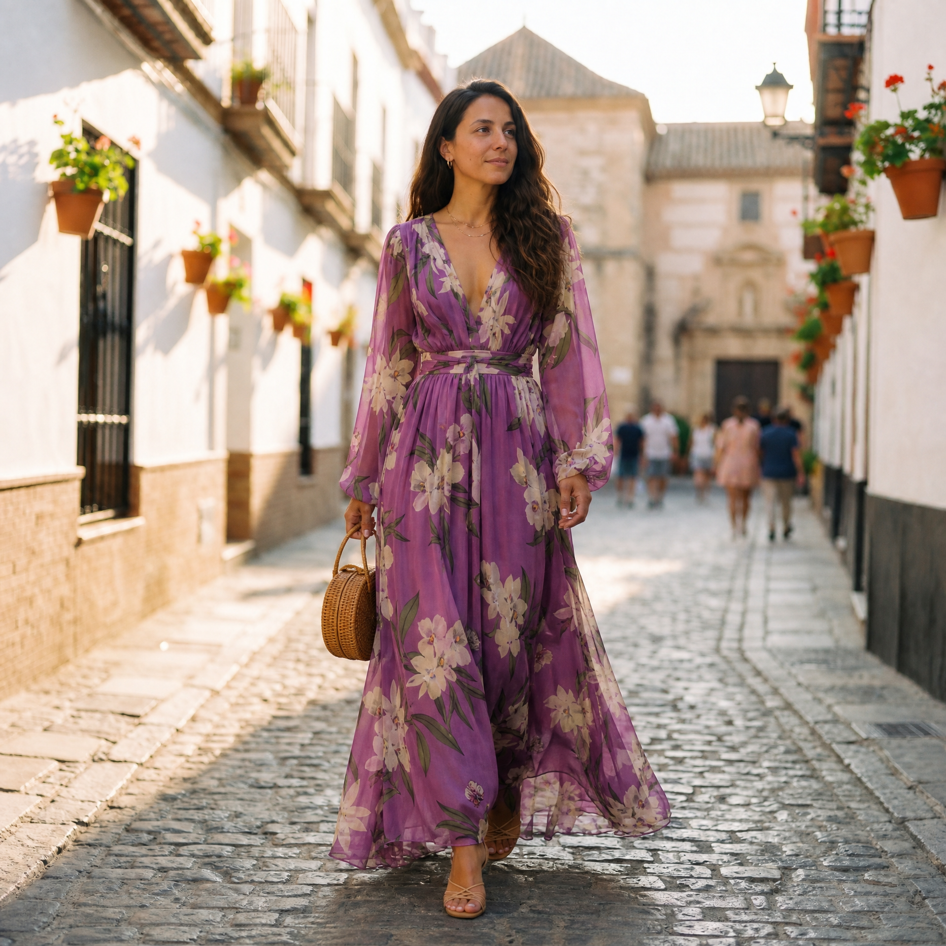 Women's Floral V-Neck Maxi Dress with Tie Waist