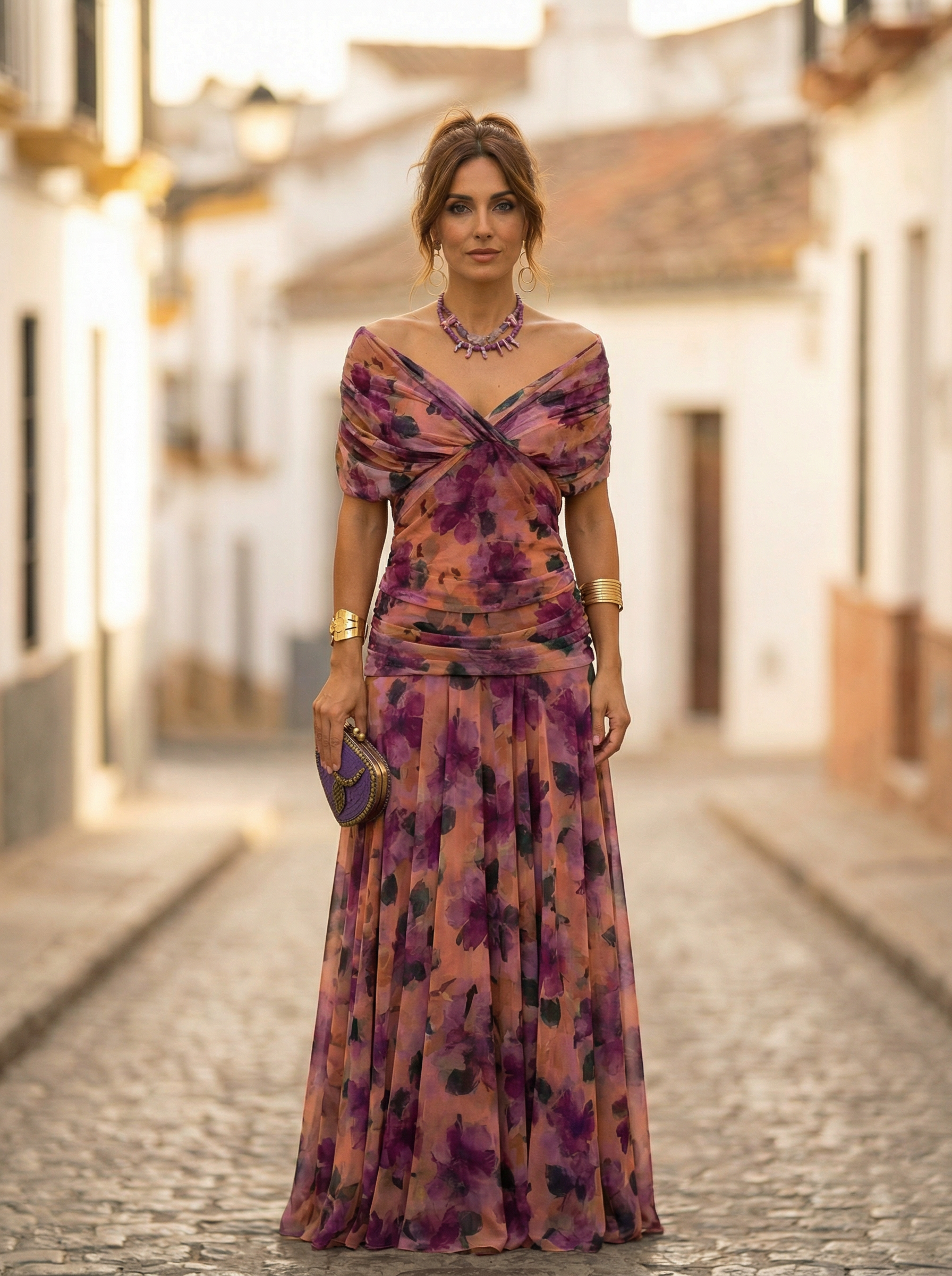 Women's Off-Shoulder Maxi Evening Dress with Tie Waist