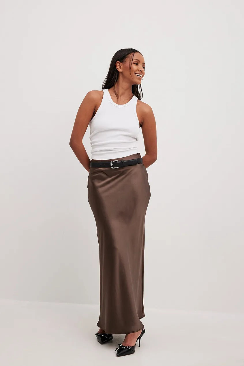 Jupe midi satinée pour femme | Jupe trapèze taille haute