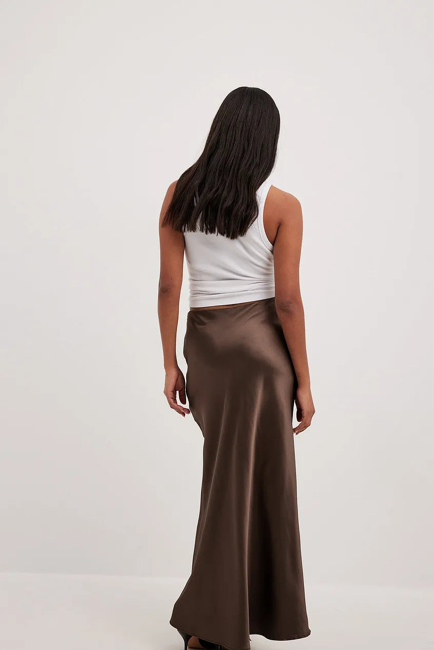 Jupe midi satinée pour femme | Jupe trapèze taille haute