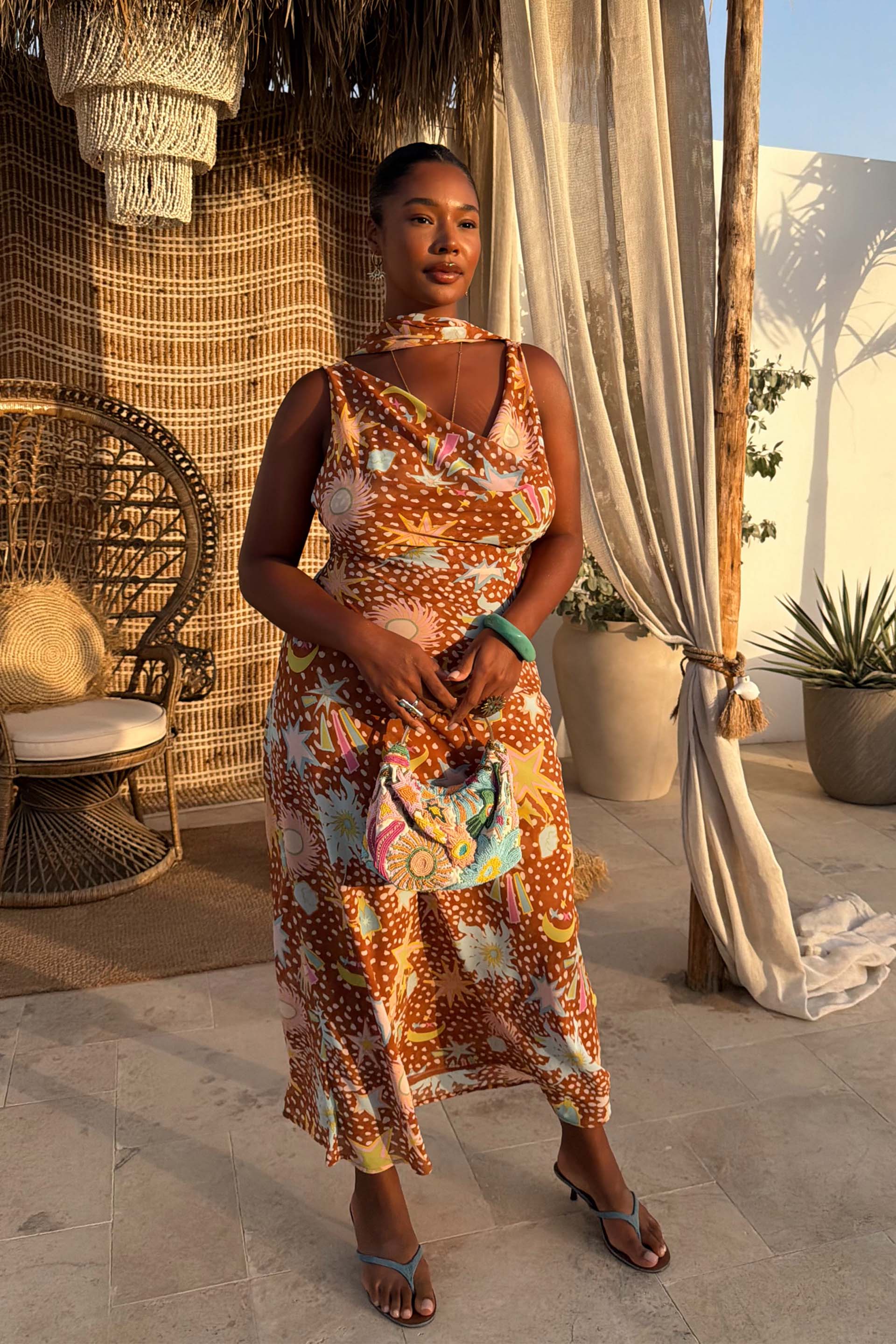 Satin Maxi Dress with Cutout Collar Detail