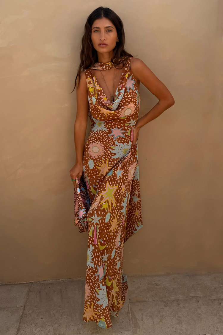 Satin Maxi Dress with Cutout Collar Detail
