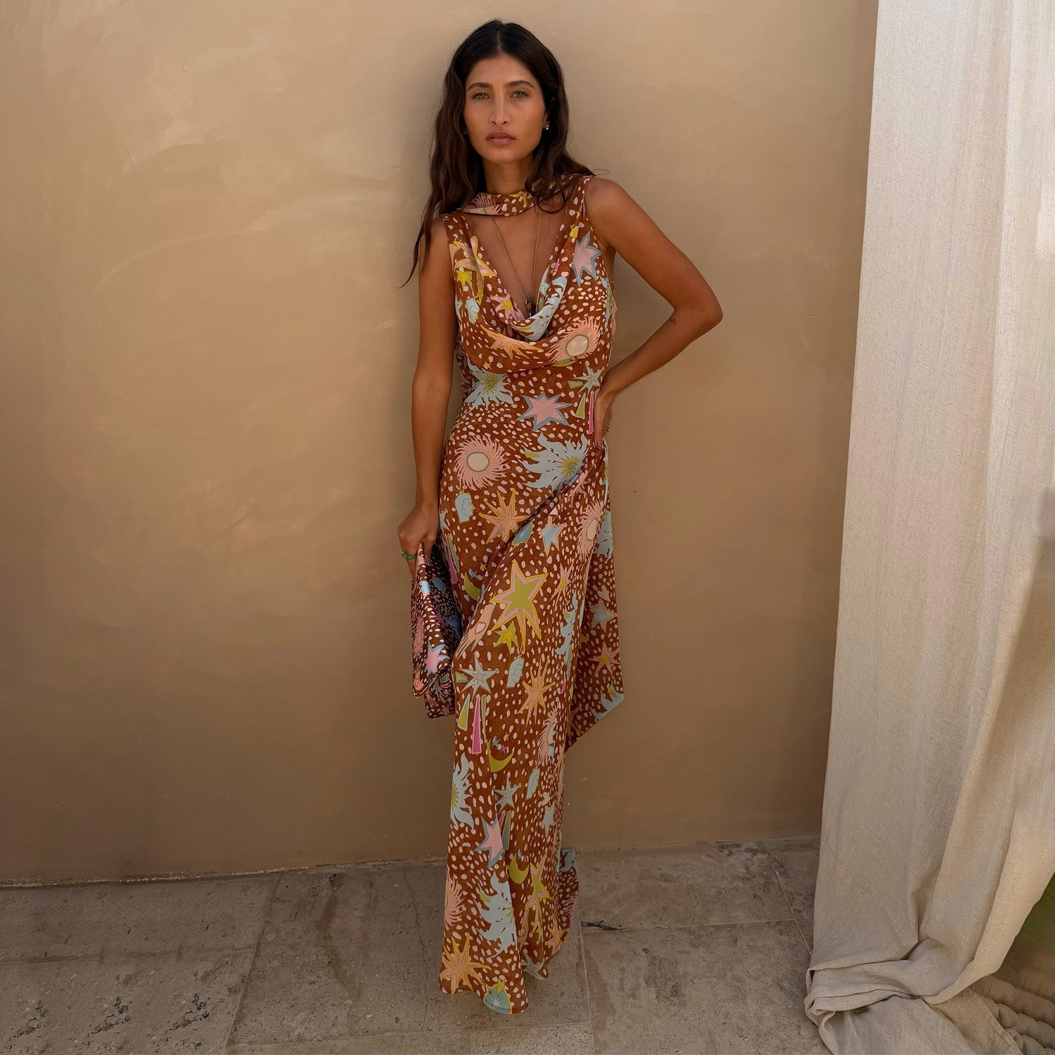 Satin Maxi Dress with Cutout Collar Detail