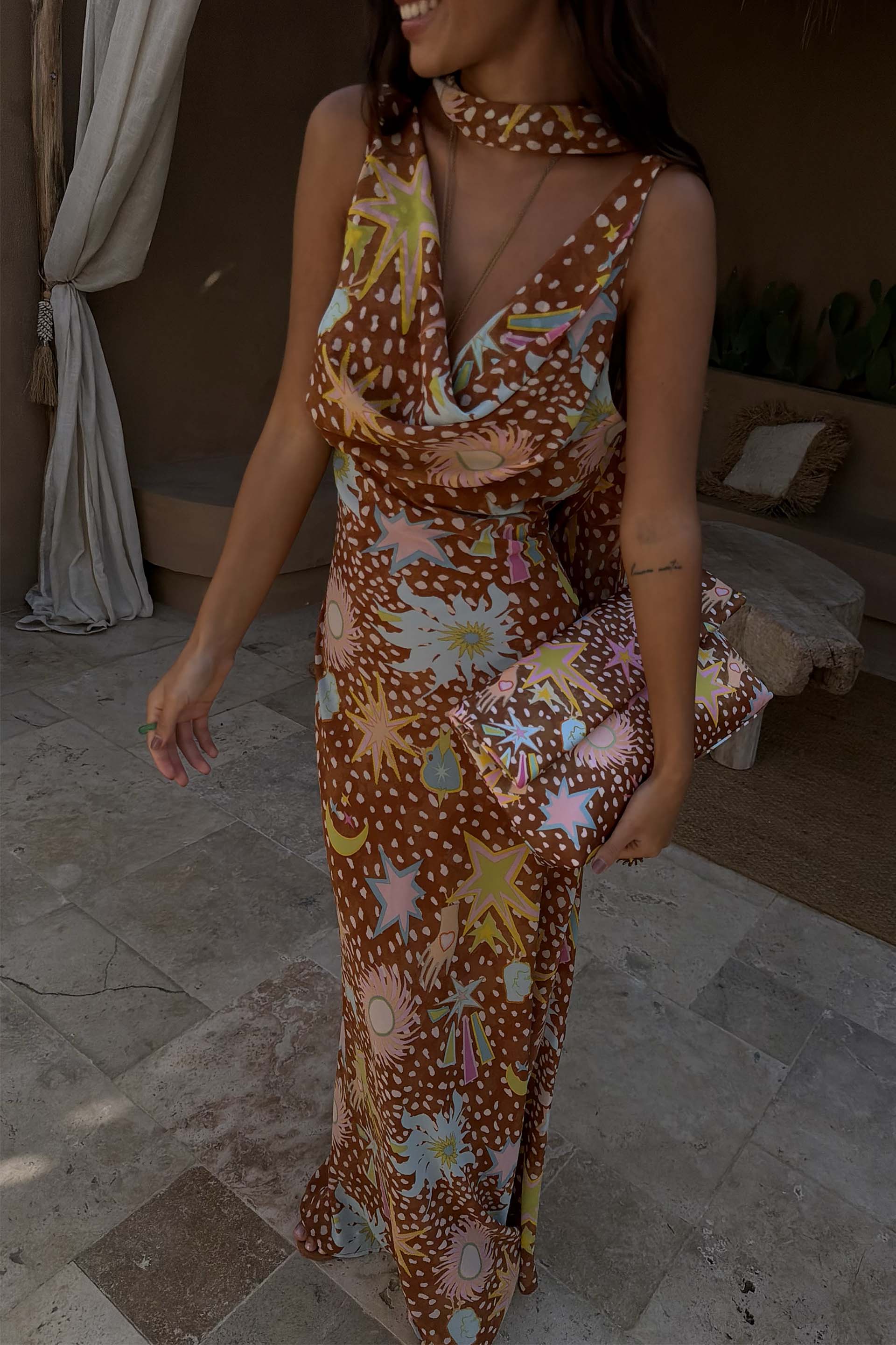 Satin Maxi Dress with Cutout Collar Detail