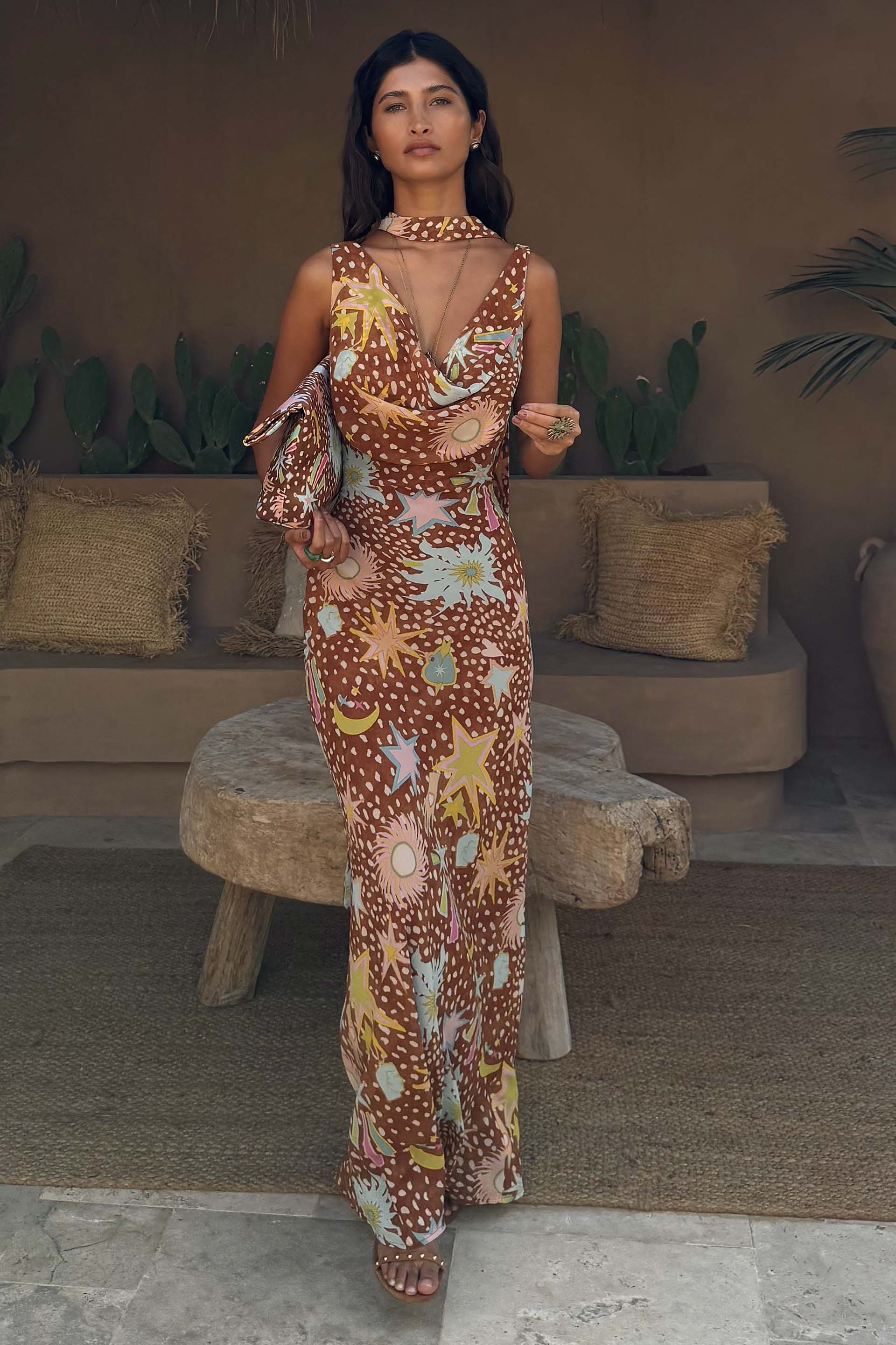 Satin Maxi Dress with Cutout Collar Detail
