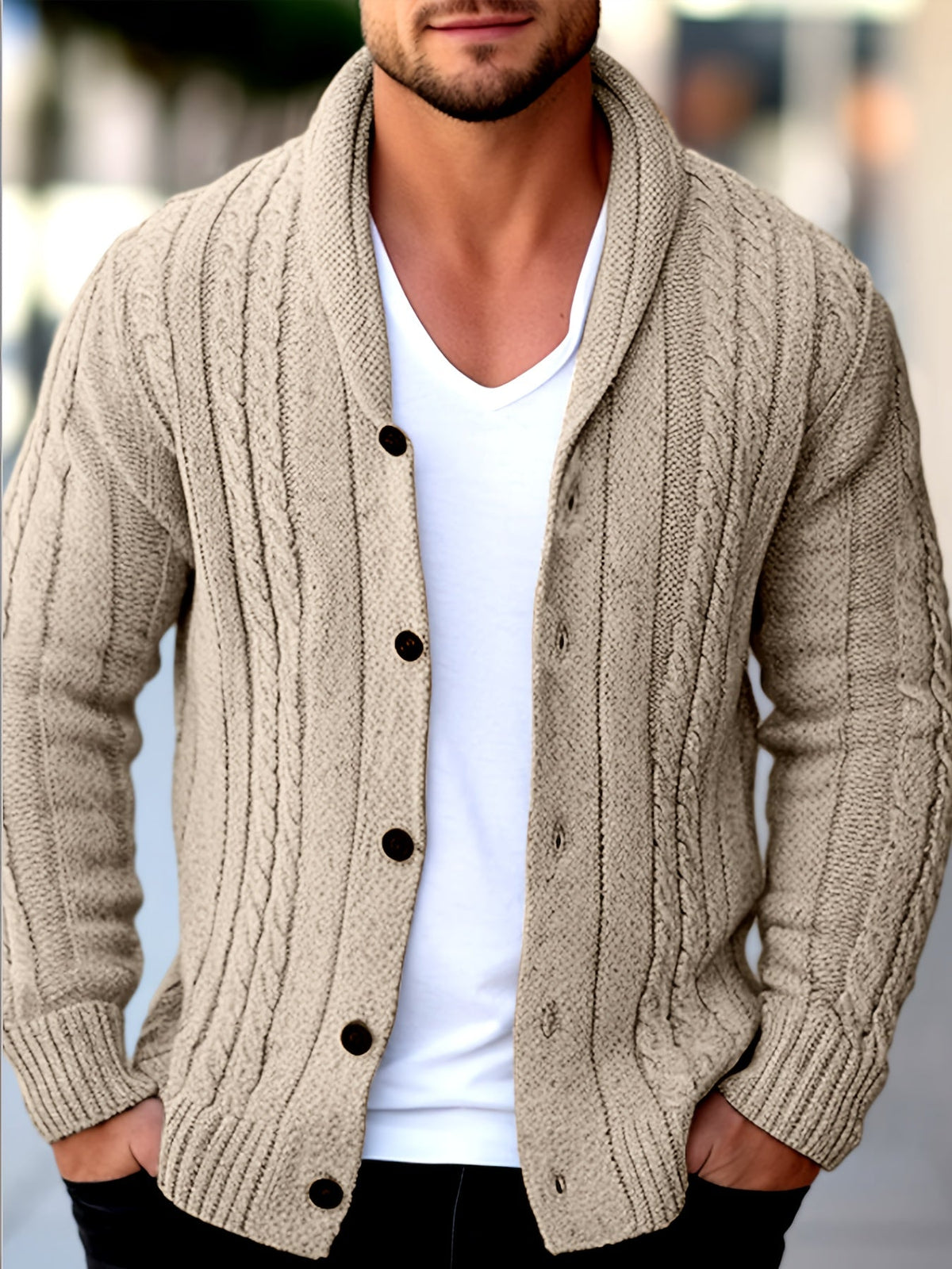 Men's Cable Knit Cardigan with Shawl Collar