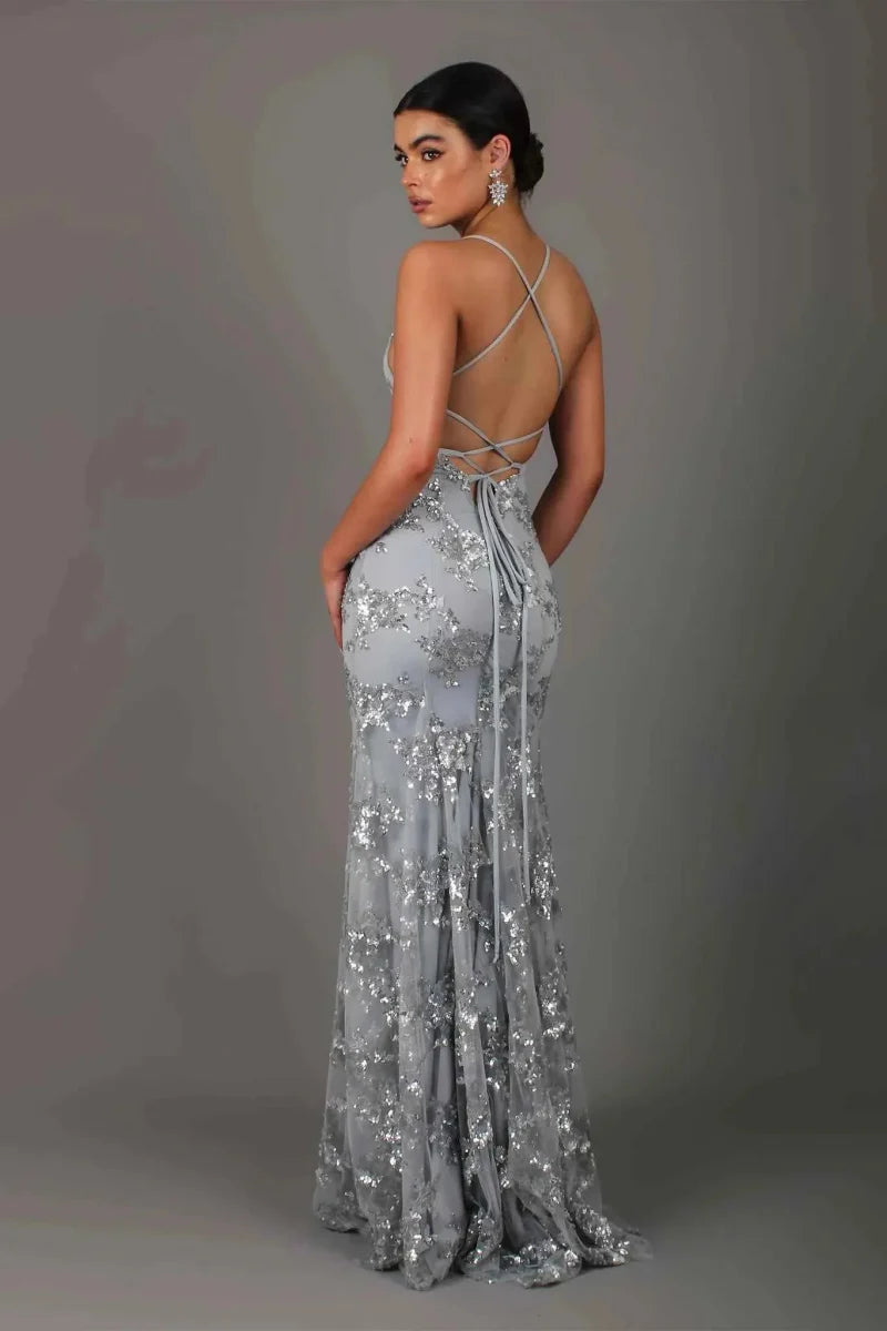 Sequin Evening Gown with Deep V-Neck and Open Back
