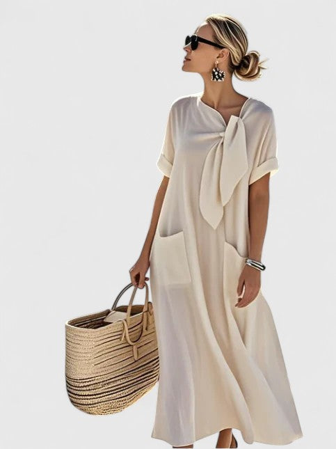 Tie-Neck Midi Dress with Loose Fit and Pockets