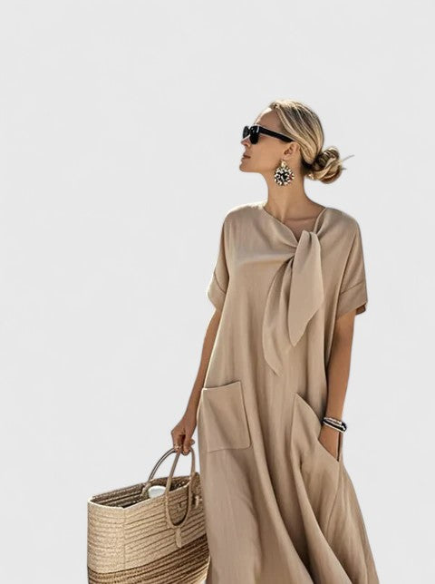 Tie-Neck Midi Dress with Loose Fit and Pockets