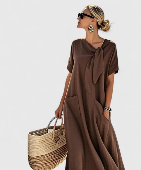 Tie-Neck Midi Dress with Loose Fit and Pockets