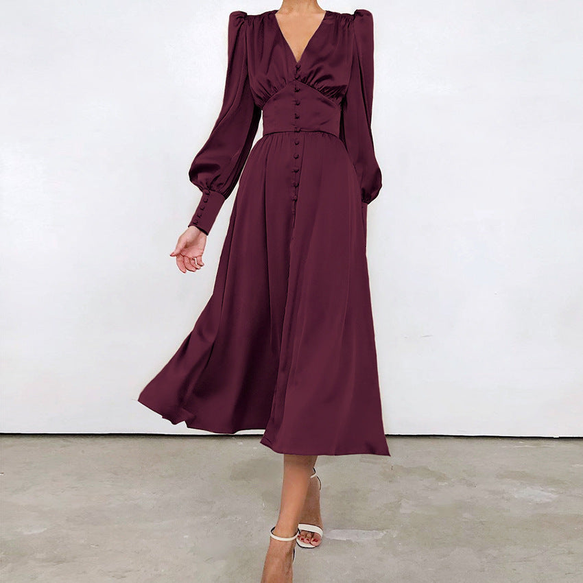 Women's V-Neck Button Front Long Sleeve Midi Dress