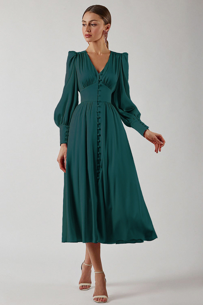 Women's V-Neck Button Front Long Sleeve Midi Dress