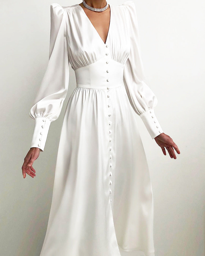 Women's V-Neck Button Front Long Sleeve Midi Dress
