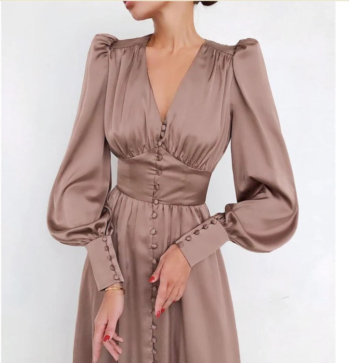 Women's V-Neck Button Front Long Sleeve Midi Dress