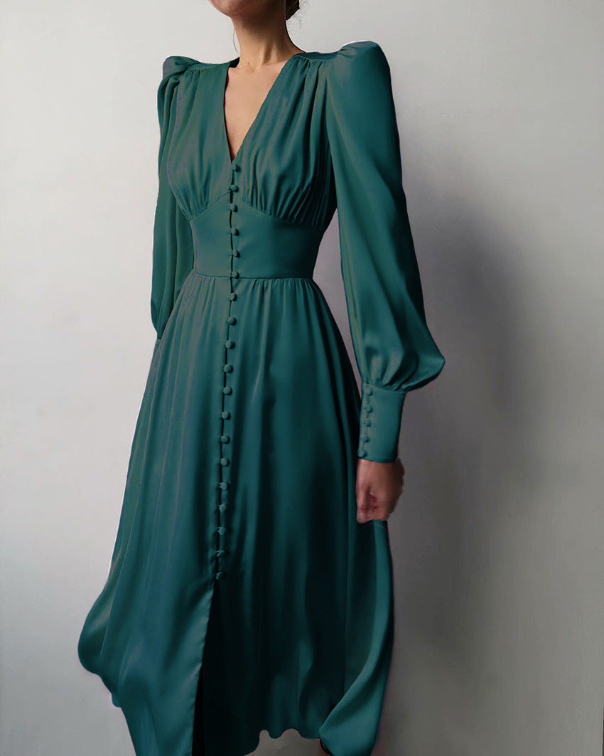Women's V-Neck Button Front Long Sleeve Midi Dress