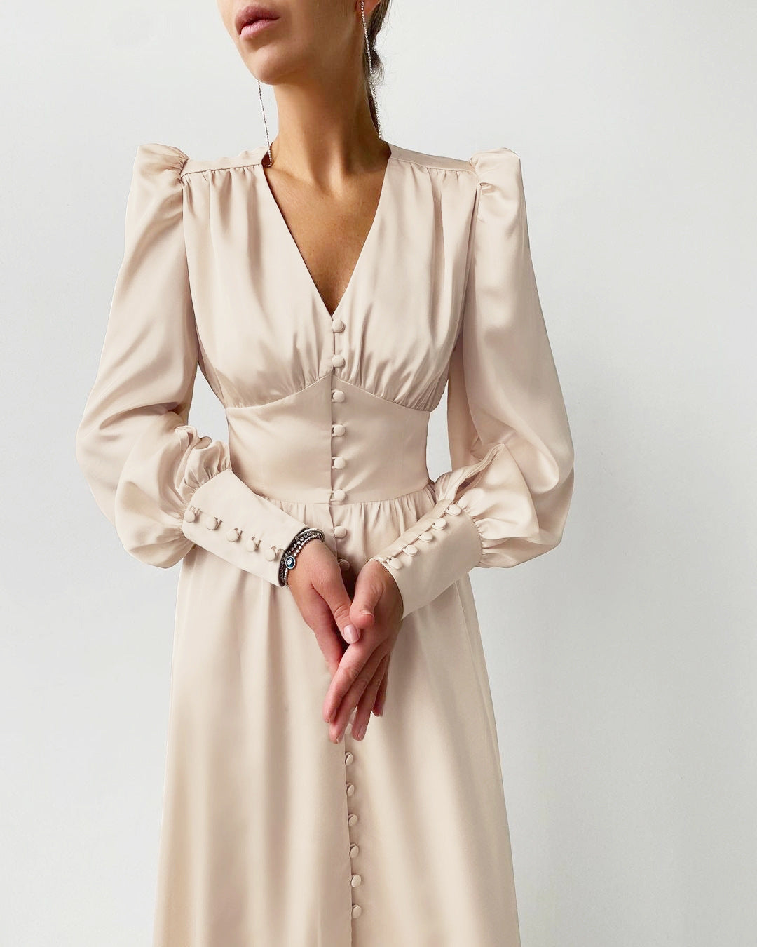 Women's V-Neck Button Front Long Sleeve Midi Dress