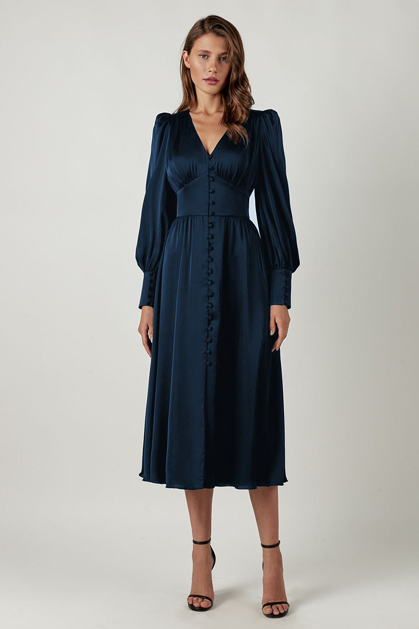 Women's V-Neck Button Front Long Sleeve Midi Dress