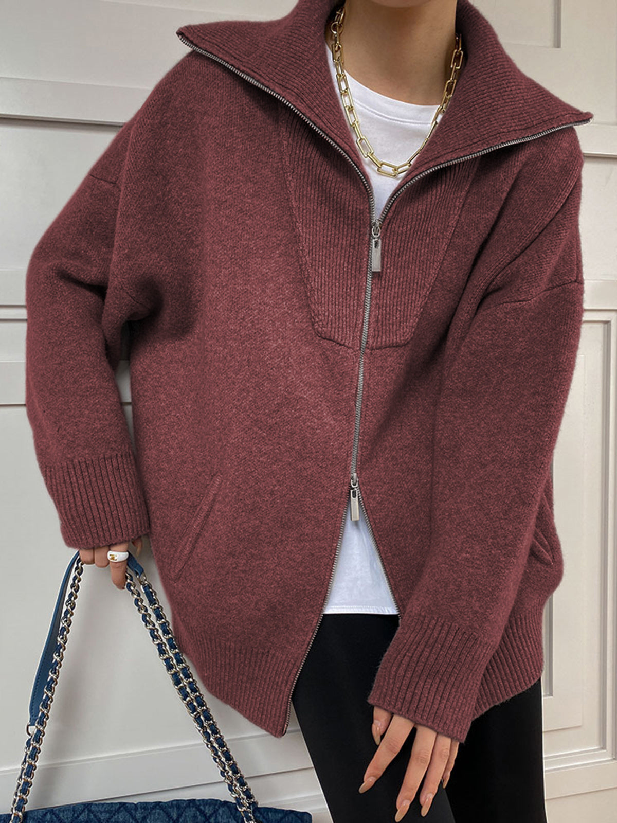 Cardigan ample à demi-zip pour femme | Pull en maille décontracté