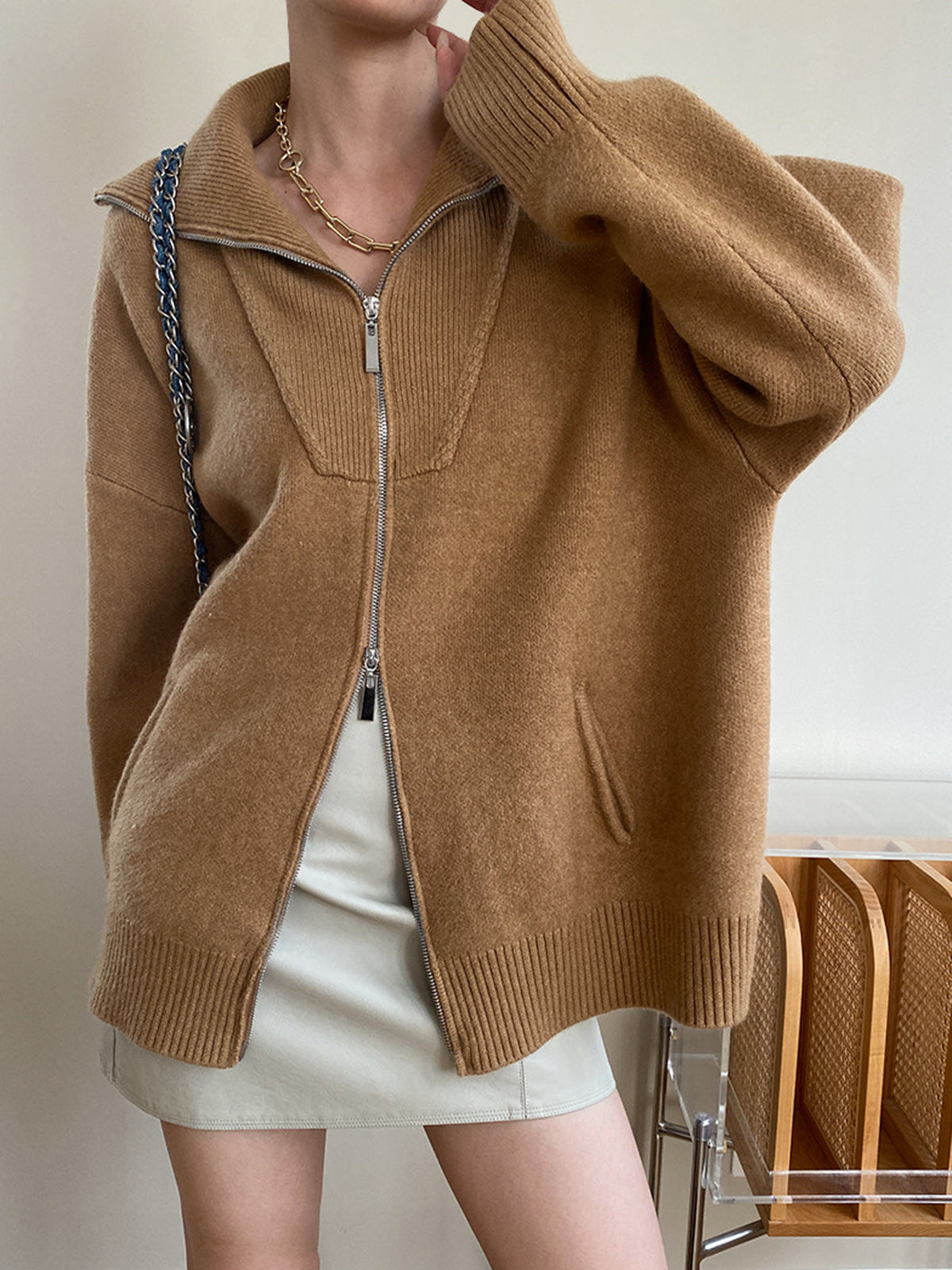 Cardigan ample à demi-zip pour femme | Pull en maille décontracté