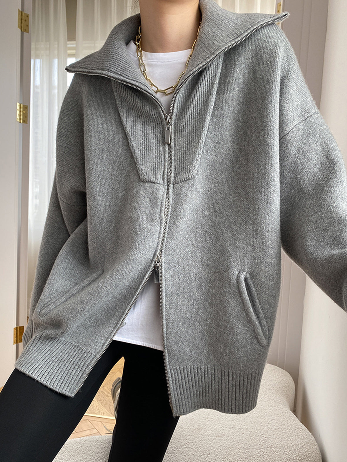 Cardigan ample à demi-zip pour femme | Pull en maille décontracté