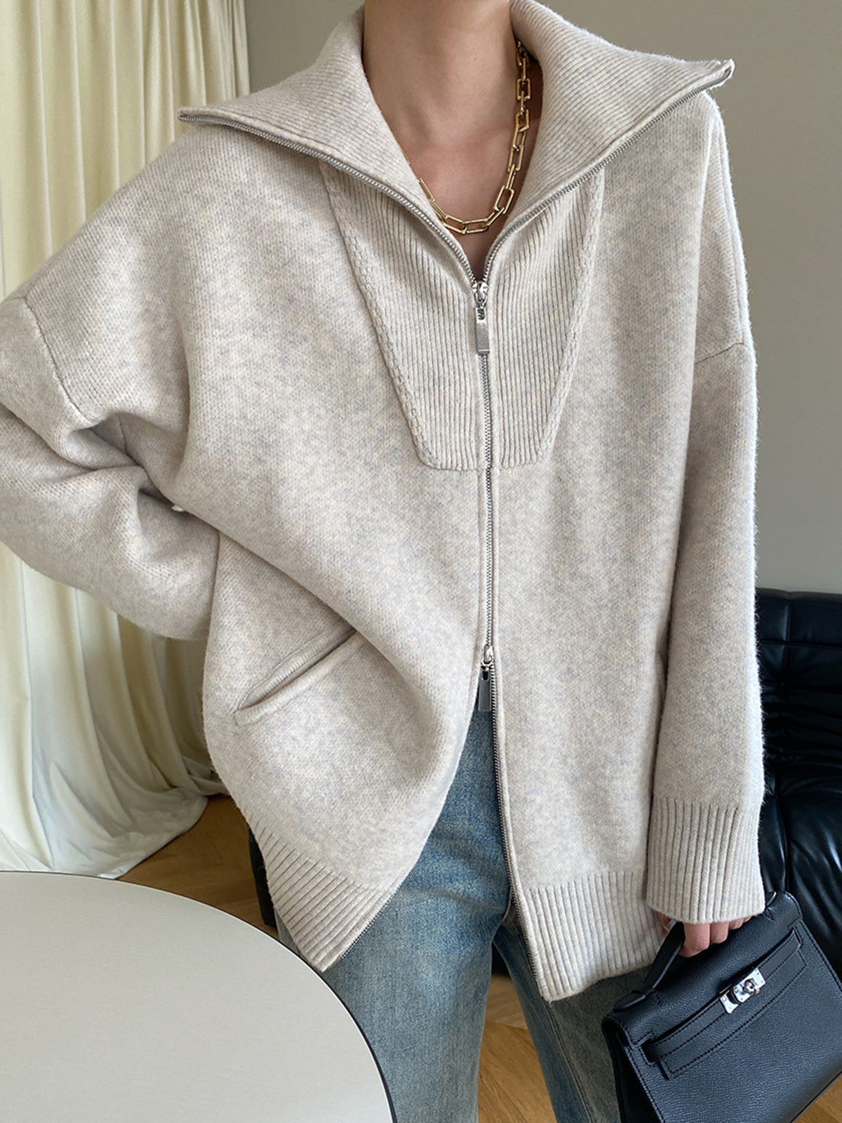 Cardigan ample à demi-zip pour femme | Pull en maille décontracté