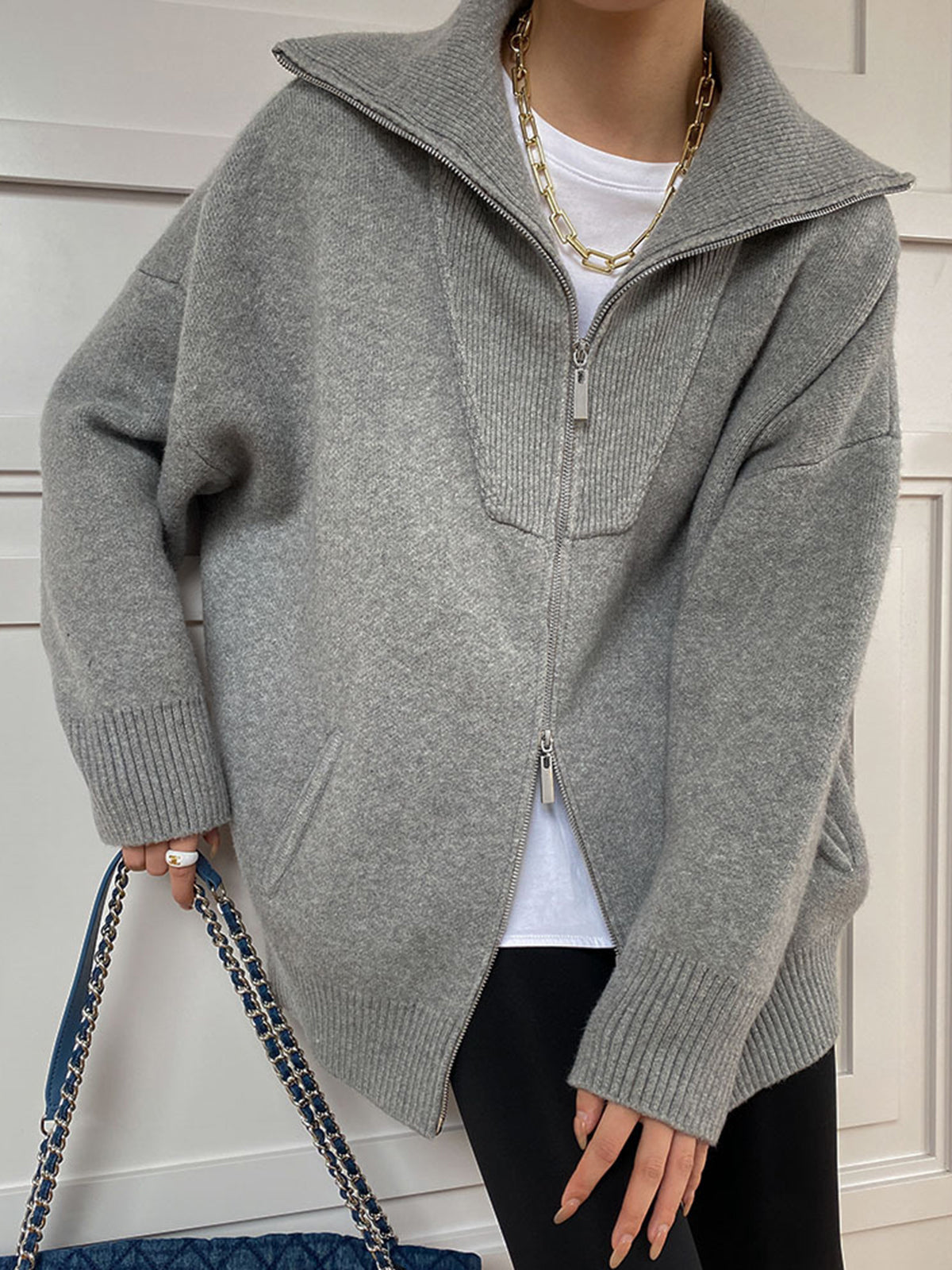 Cardigan ample à demi-zip pour femme | Pull en maille décontracté