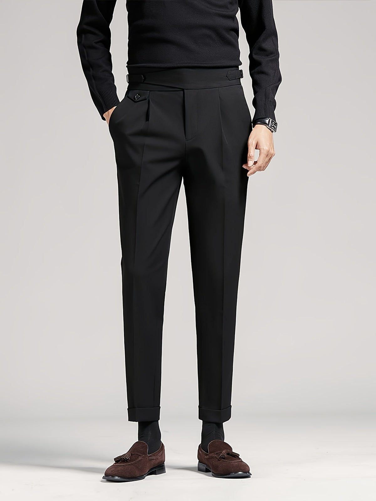 Men's High-Waisted Pleated Trousers with Side Adjusters